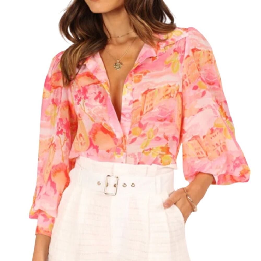 Runaway S NEW Arianna Shirt Pink Watercolor Floral Semi Sheer Feminine